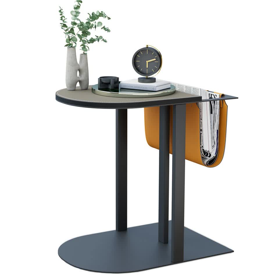 Luxury C Shaped End Table Small Accent Table Faux Leather Top With Storage Bag