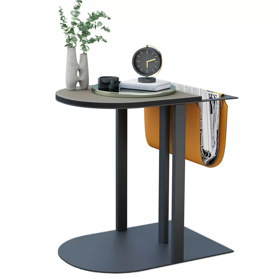 Luxury C Shaped End Table Small Accent Table Faux Leather Top With Storage Bag