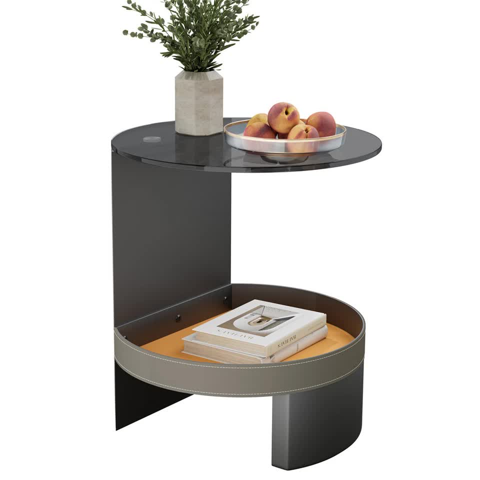 2 Tier Luxury Side End Table Glass Top Saddle Leather Storage Shelf Accent Table