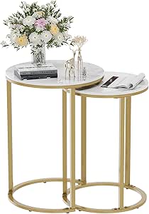  2Pcs Gold Marble Nesting Side End Tables Round Small Stacking Drink Coffee Table