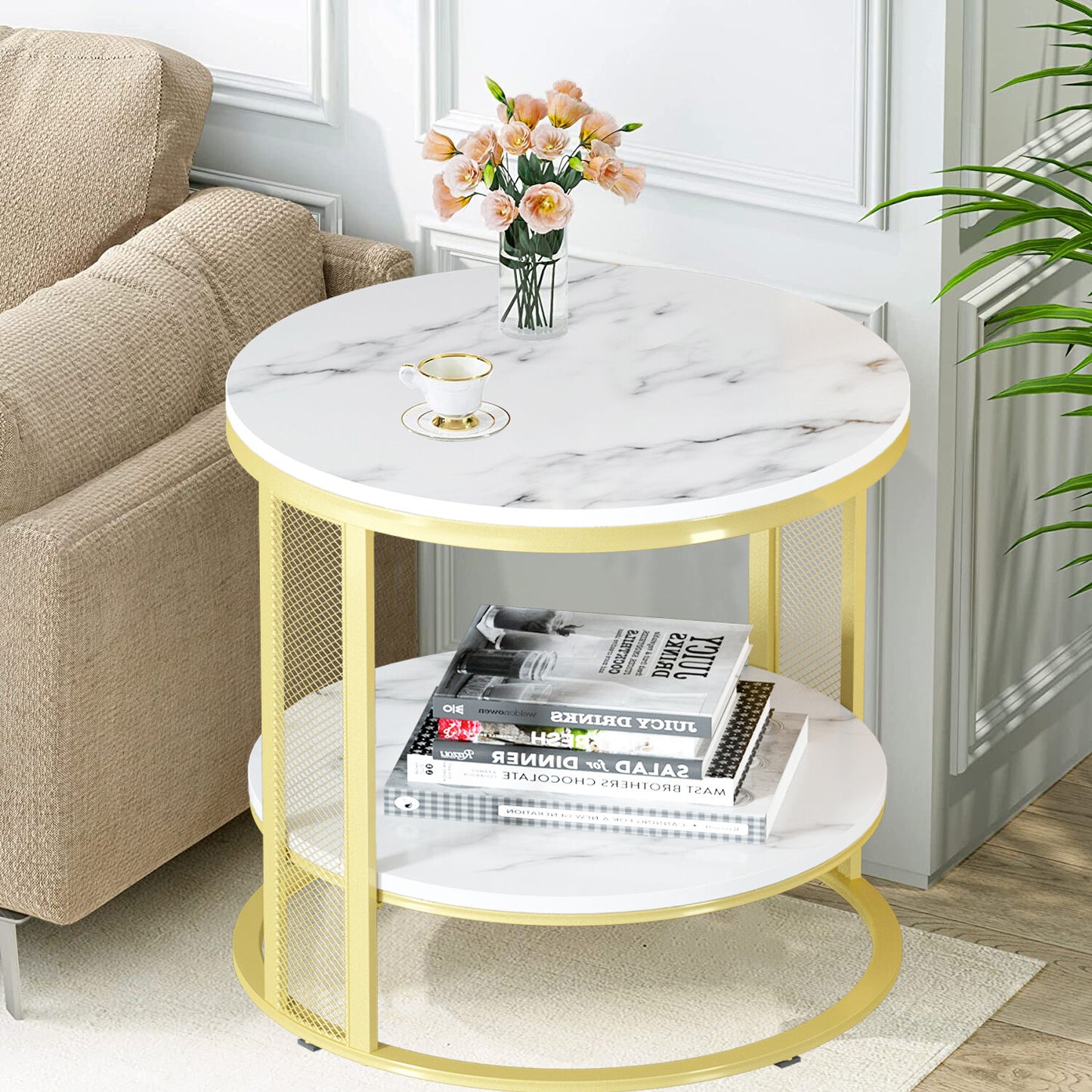 White Marble Side End Table Round Coffee Accent Table Nightstand Gold Iron Frame