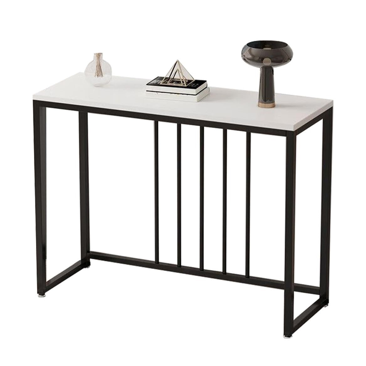 80cm White & Grey Sintered Stone Console Table Storage Table Behind Sofa W/ Black Metal Frame