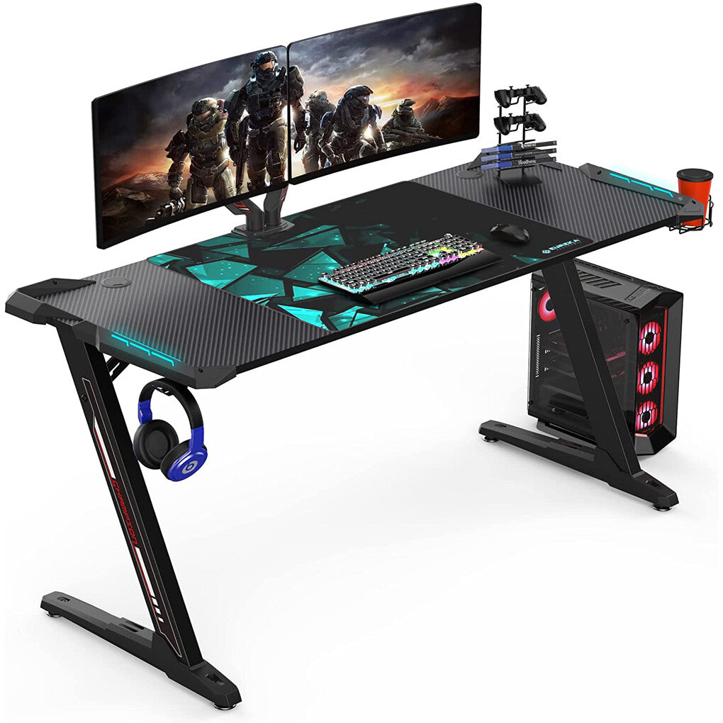 Z-Shaped Computer Gaming Desk with RGB LED Lights Home Office Table X-Large 140cm
