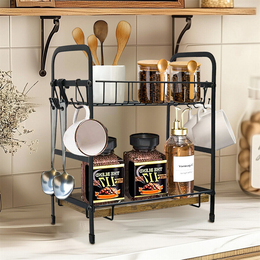  Vintage Coffee Bar Station Organizer Holder Stand with 2-Tier Shelves & 12 Hooks