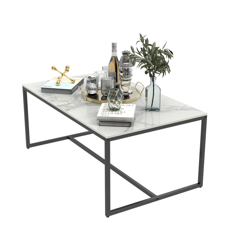 Extra Thick Marble Coffee Table White Sintered Stone Rectangular Center Table with Black Metal Frame
