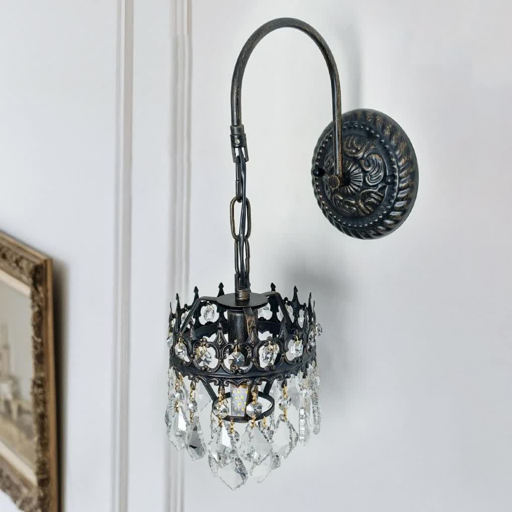 Vintage Wall Light Sconce with Clear Crystals, Black and Gold Glass Wall Lamp, 3-Mode Dimmable LED E14 Lighting Fixture for Home, Bathroom, Dining Room, Hallway