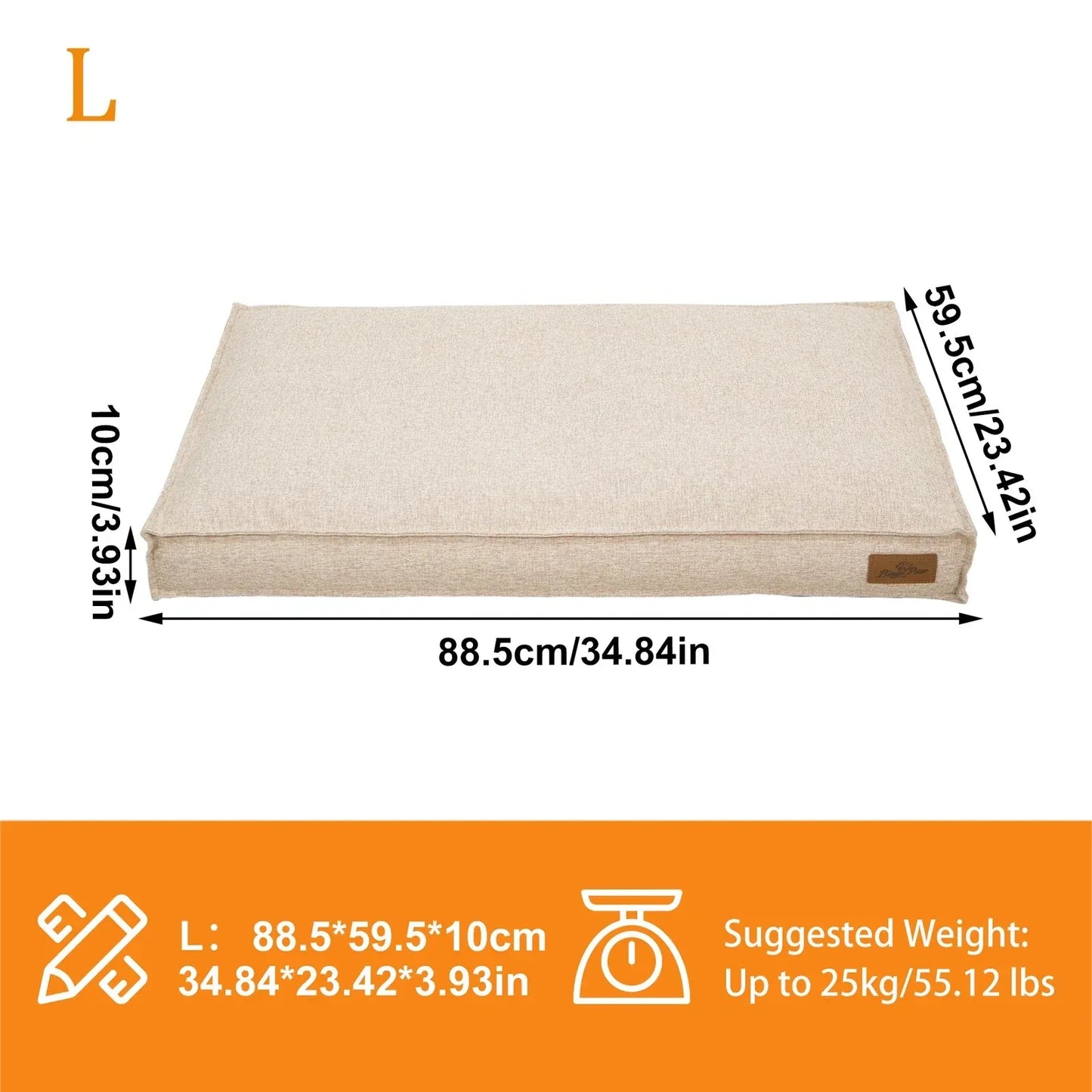 Washable Waterproof Dog Bed Sofa with Removable Cover - Orthopedic Linen Pet Pillow Bed for Small Medium Large Dogs, Non-Slip Base, Khaki, L