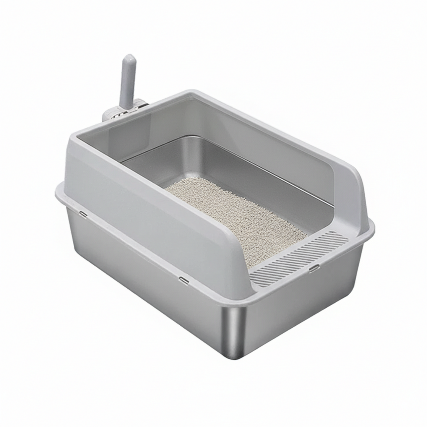 P&P Grey Silver Stainless Steel Cat Litter Box with High Sides, Open Top and Scoop