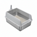 P&P Grey Silver Stainless Steel Cat Litter Box with High Sides, Open Top and Scoop