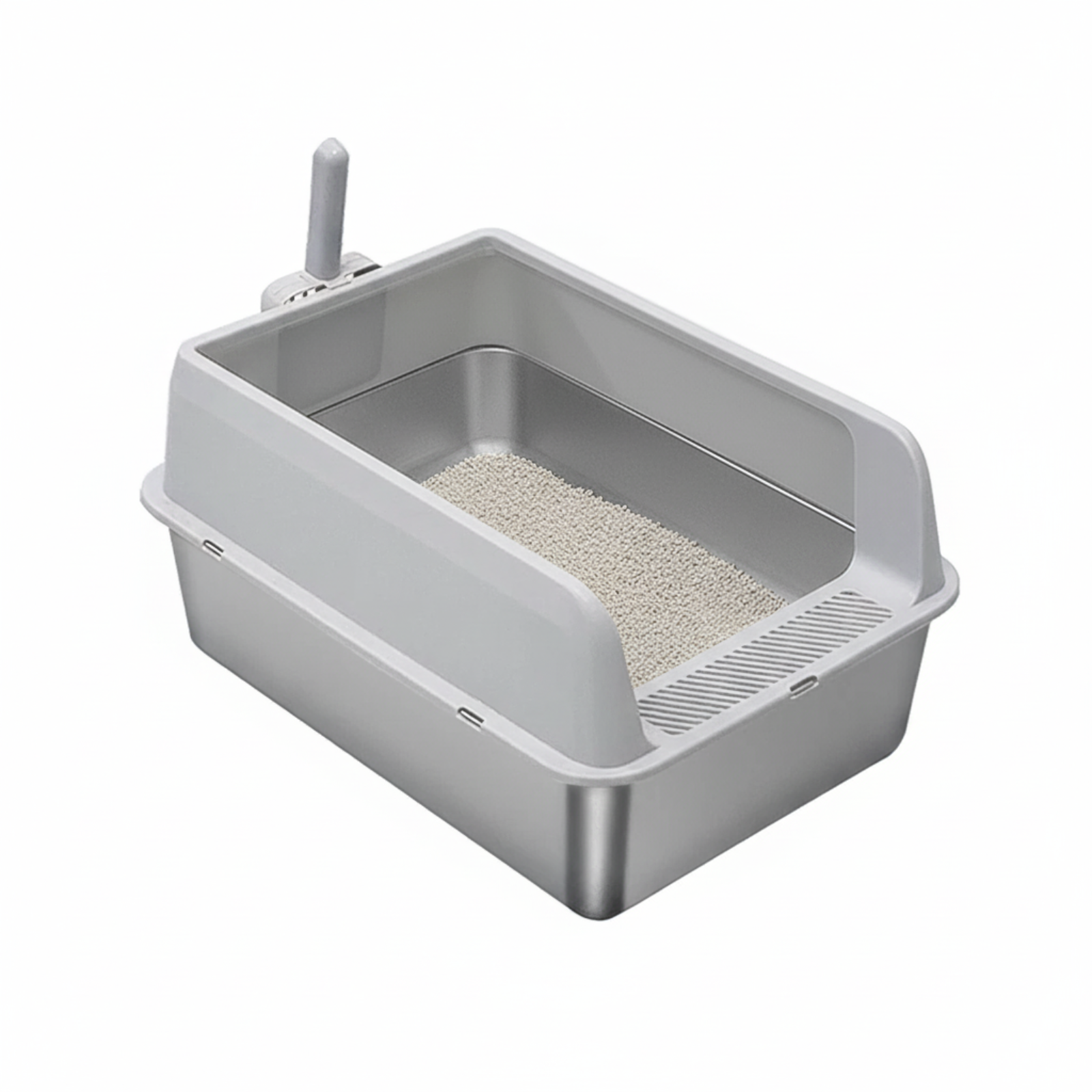 P&P Grey Silver Stainless Steel Cat Litter Box with High Sides, Open Top and Scoop