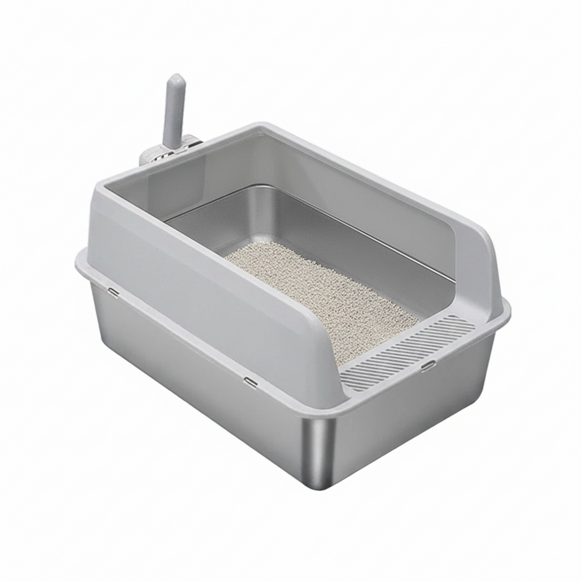 P&P Grey Silver Stainless Steel Cat Litter Box with High Sides, Open Top and Scoop