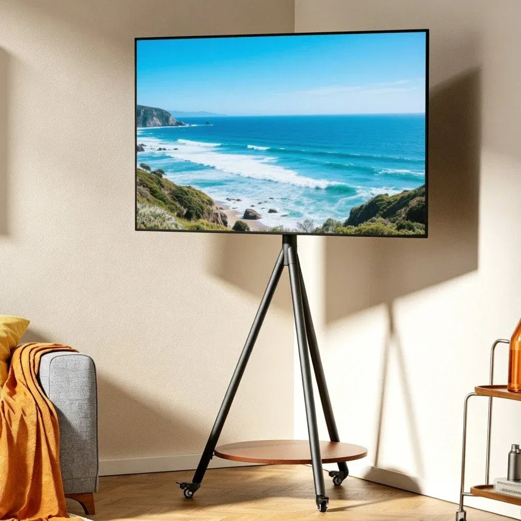 Movable Tripod Floor TV Stand with Wheels & Shelf for 40-75 Inch TVs - Height Adjustable Freestanding TV Mount up to 50kg - Black