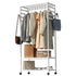XXL Bamboo Clothes Rail Coat Rack with Wheels, Wooden Open Wardrobe Garment Organizer with Hanging Rod, Shelves and Hooks, White Freestanding Clothes Stand
