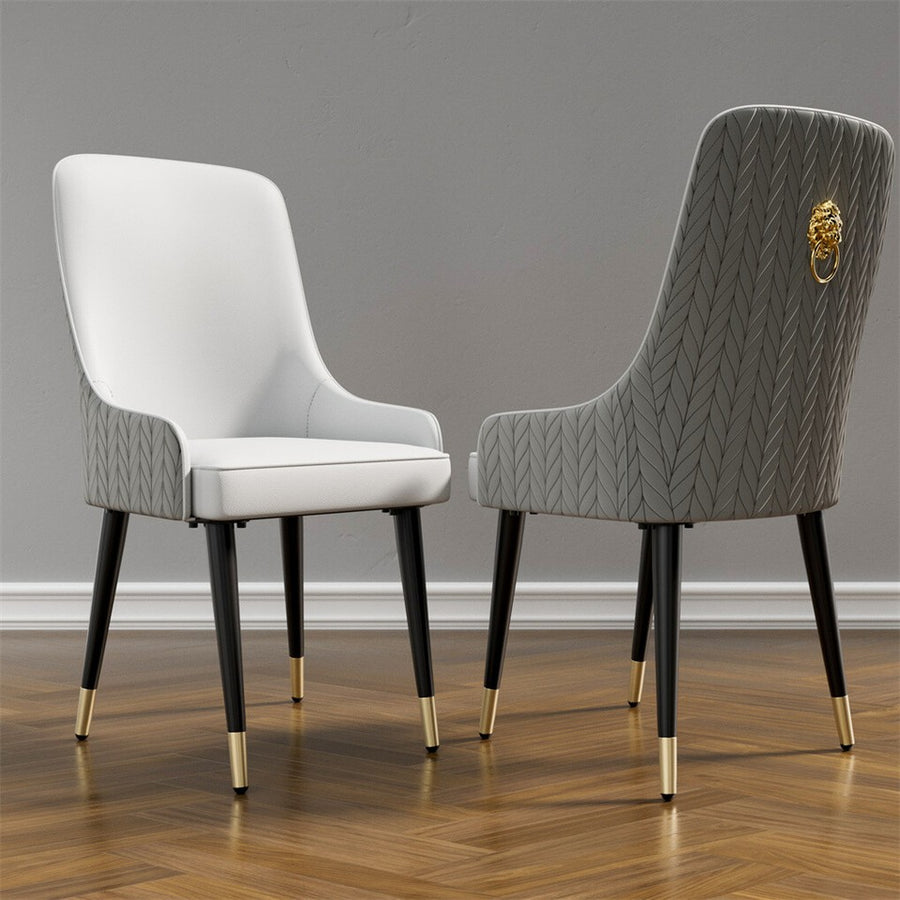 High-End Grey Dining Chairs Set of 2 Faux Leather Upholstered Kitchen Chairs with Gold Lion Head