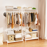 Large White Bamboo Garment Clothes Rack Shoes Coats Shelf w/ 3 Shelves & 10 Hook