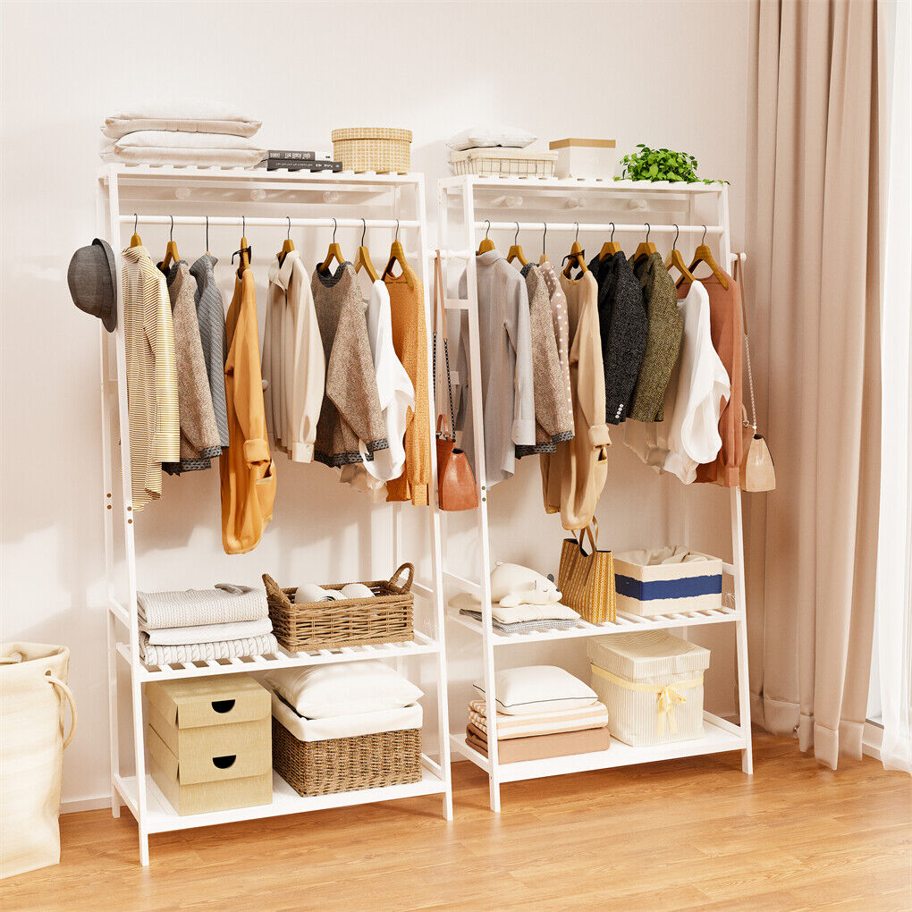 Large White Bamboo Garment Clothes Rack Shoes Coats Shelf w/ 3 Shelves & 10 Hook