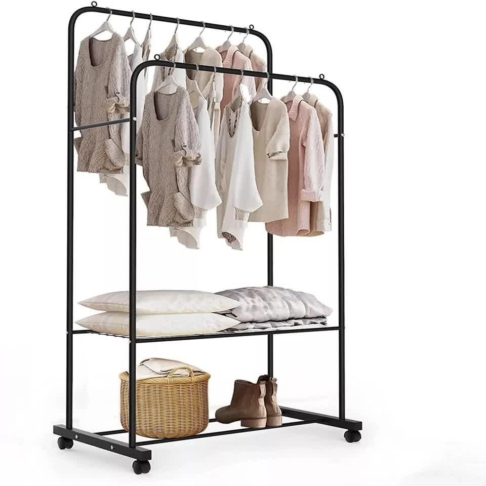 Heavy Thicken Metal Double Clothes Rail Sturdy Open Hanging Shelf Storage Rack