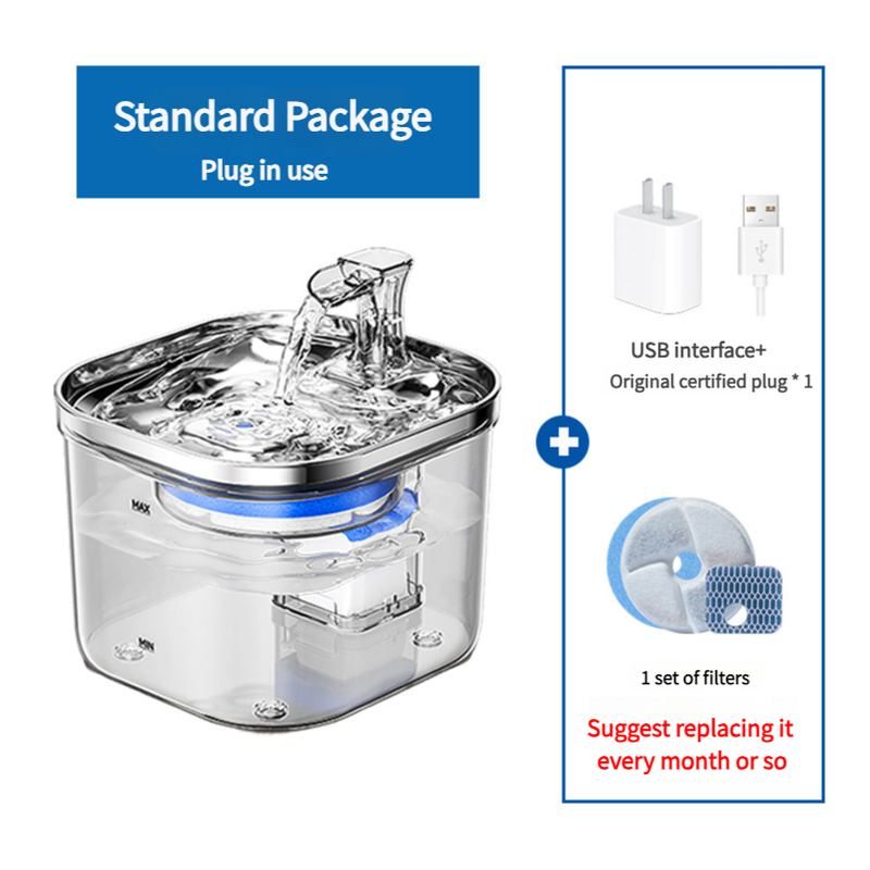 Plug-in Pet Water Fountain with USB Interface and Filter Set â€“ Transparent Design (Standard Package)