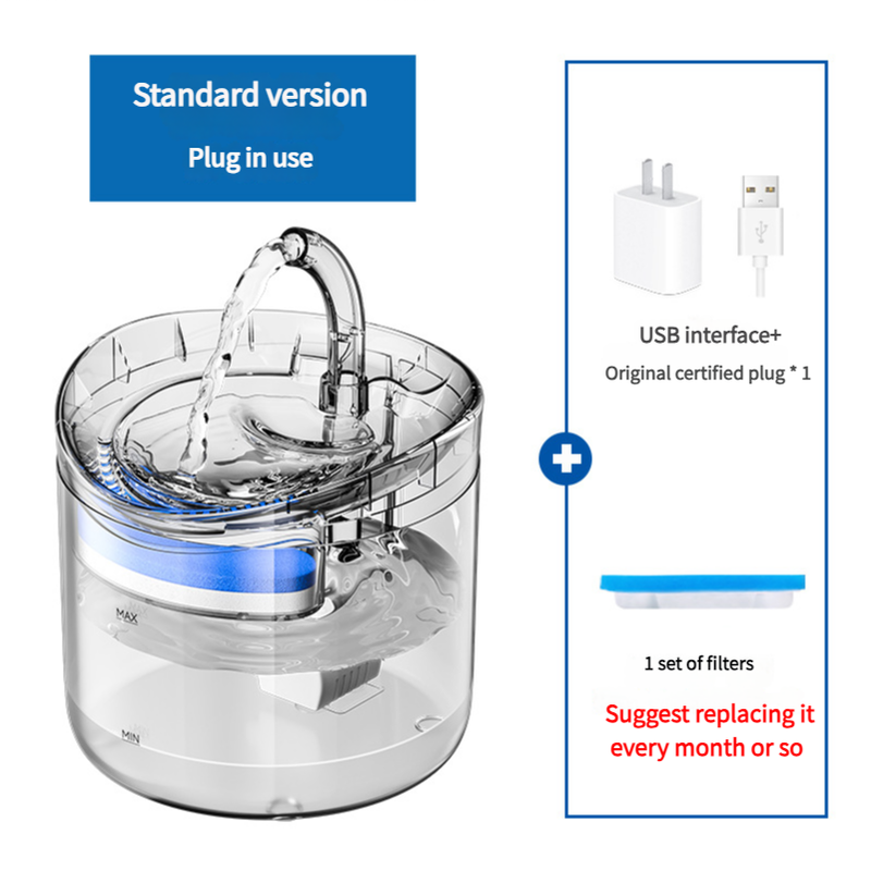 Standard Version Pet Water Fountain with USB Interface and Certified Plug â€“ Transparent Design