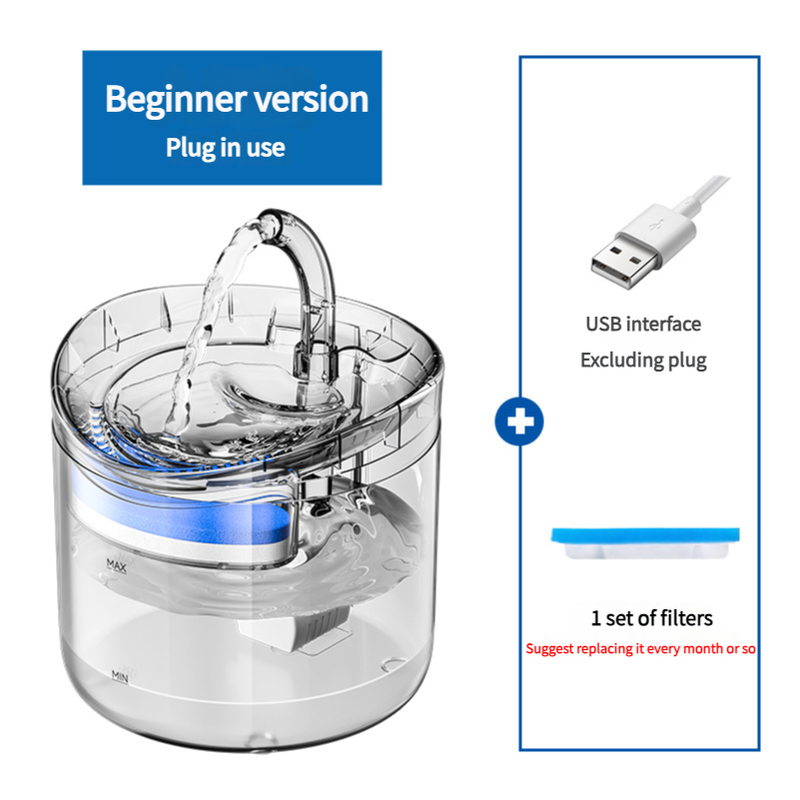 Beginner Version Pet Water Fountain with USB Interface (Excluding Plug) and Filter Set â€“ Transparent Design