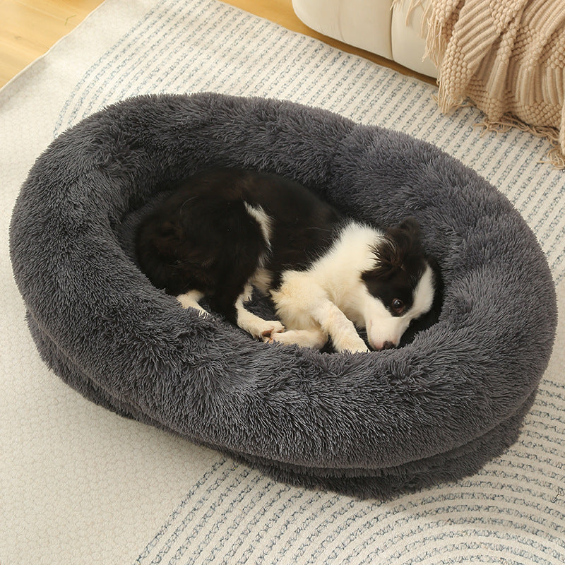 Fluffy Donut-Shaped Pet Bed- Soft, Cozy, and Anti-Anxiety for Dogs and Cats, Machine Washable Dark Gray Size:M 75*55*18c