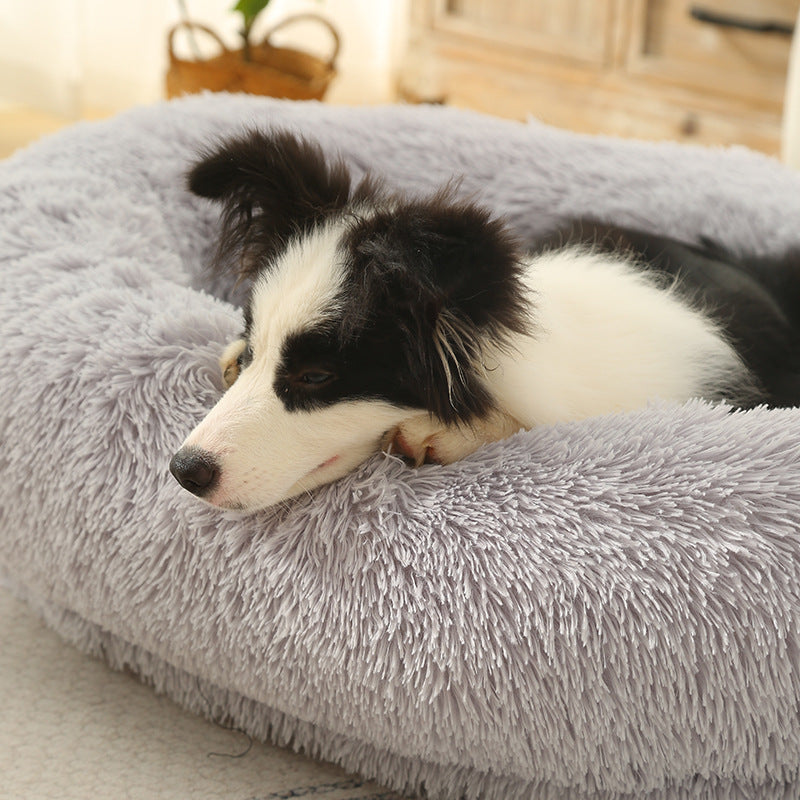 Fluffy Donut-Shaped Pet Bed- Soft, Cozy, and Anti-Anxiety for Dogs and Cats, Machine Washable  Light Gray  Size:M 75*55*
