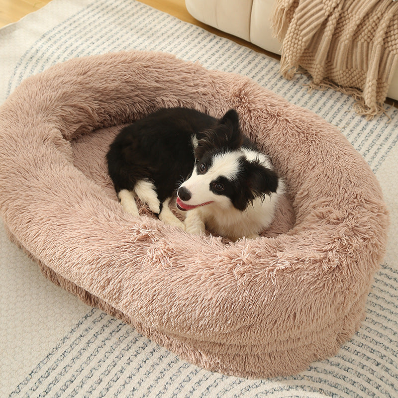 Fluffy Donut-Shaped Pet Bed- Soft, Cozy, and Anti-Anxiety for Dogs and Cats, Machine Washable  Beige Brown Size:L 90*65*