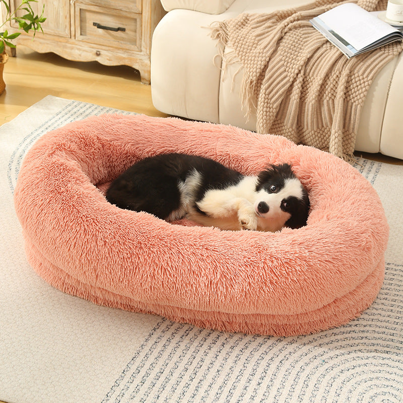 Fluffy Donut-Shaped Pet Bed- Soft, Cozy, and Anti-Anxiety for Dogs and Cats, Machine Washable  blush pink  Size:L 90*65*