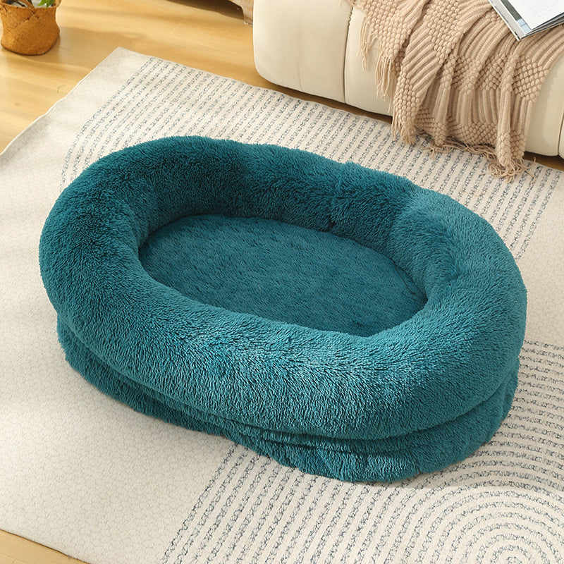 Fluffy Donut-Shaped Pet Bed- Soft, Cozy, and Anti-Anxiety for Dogs and Cats, Machine Washable  cyan blue  Size:M 75*55*1
