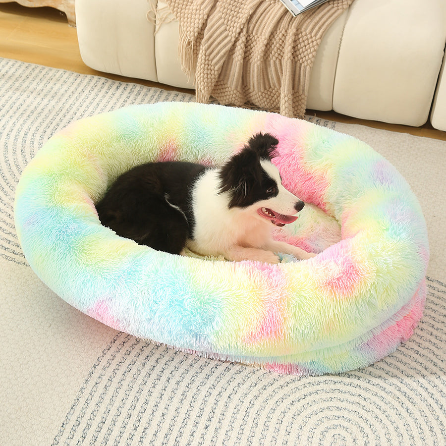 Fluffy Donut-Shaped Pet Bed- Soft, Cozy, and Anti-Anxiety for Dogs and Cats, Machine Washable  Rainbow-colored Size:M 75