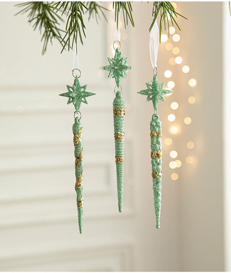 Green Glitter Icicle Christmas Ornaments with Star Tops - Set of 3 Hanging Decorationsï¼ˆ5 set in totalï¼‰