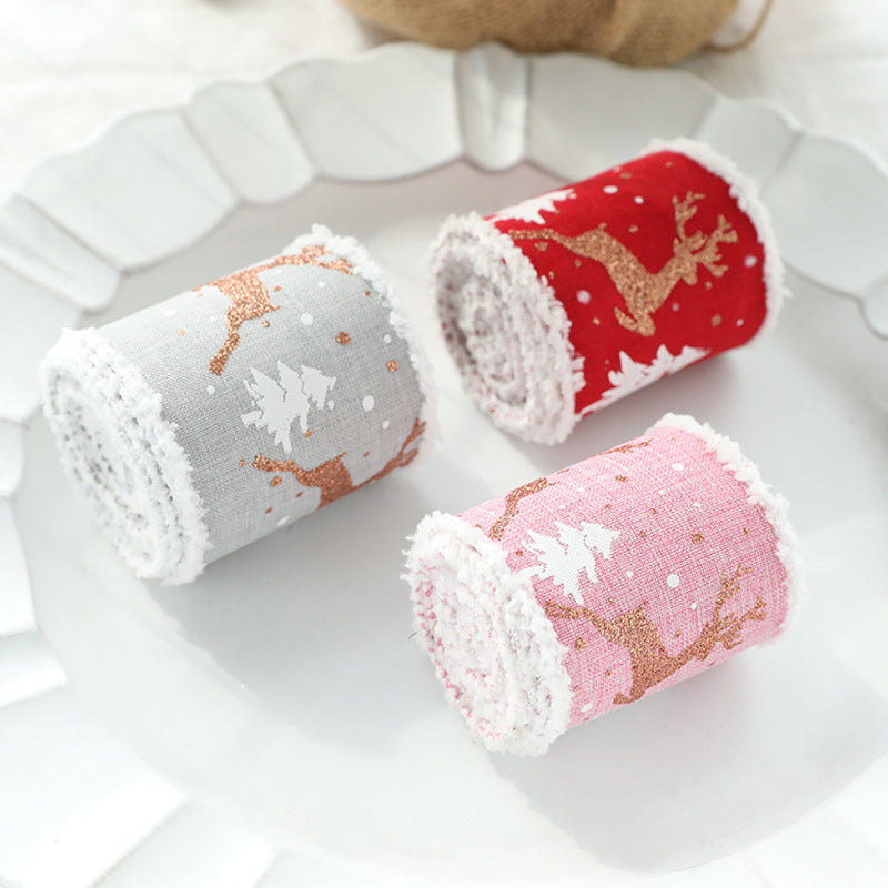 Christmas-Themed Decorative Wired Ribbon Burlapâ€“ Reindeer and Tree Print Rolled Fabric Set ,Diameter 6.8 cm, length 2 
