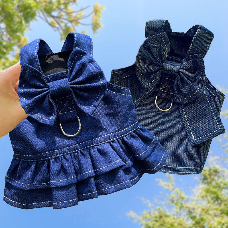 Pet Denim Harness Dress Set (2 Pieces) - 2XL Size (60cm Chest for 14-20 lb Pets) with T-Shirt and Skirt, Bow,and Leash R
