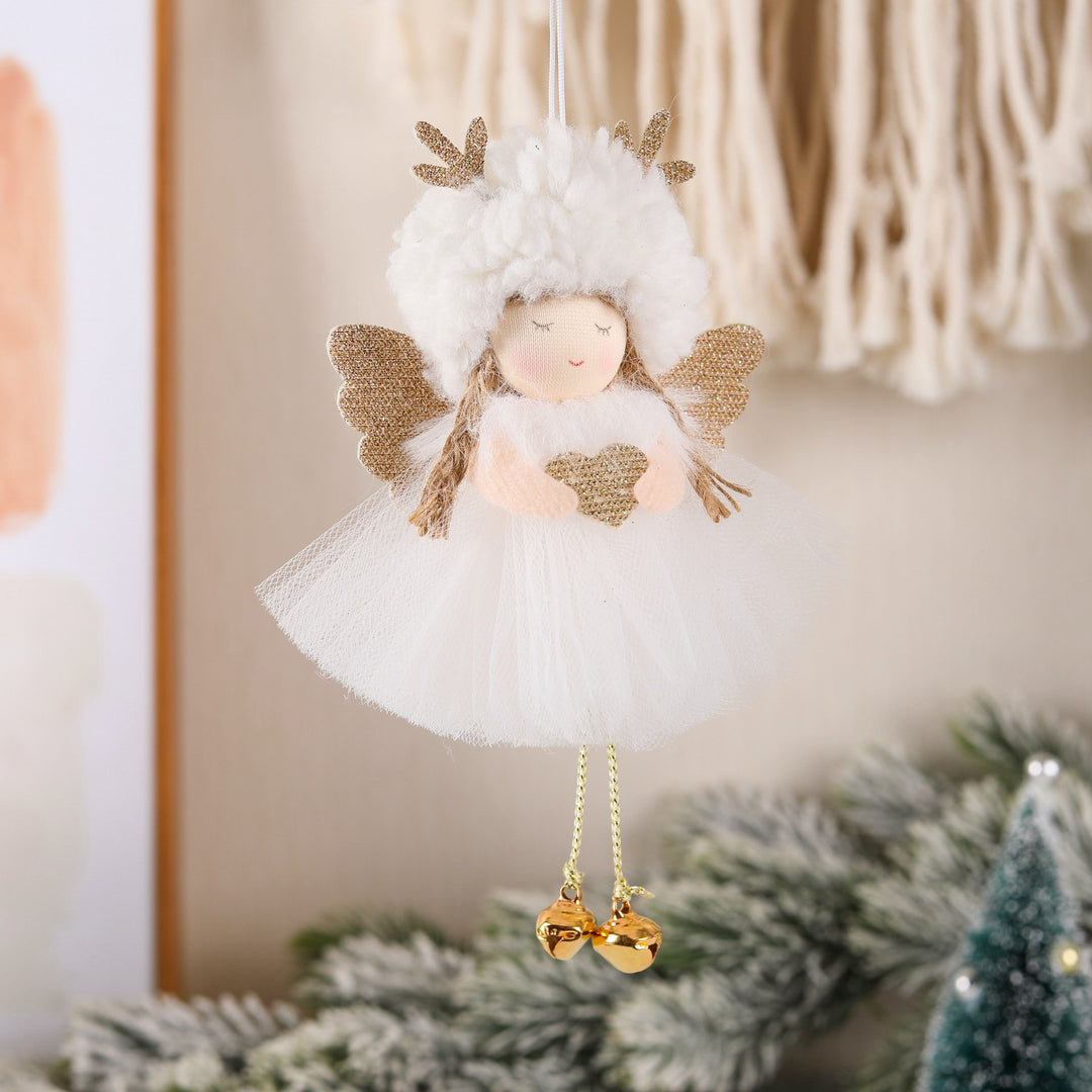 Gold and White Angel Ornament with Bells and Glitter Wings - Christmas Hanging Decoration 16*10*5cm  White colour (5 pie