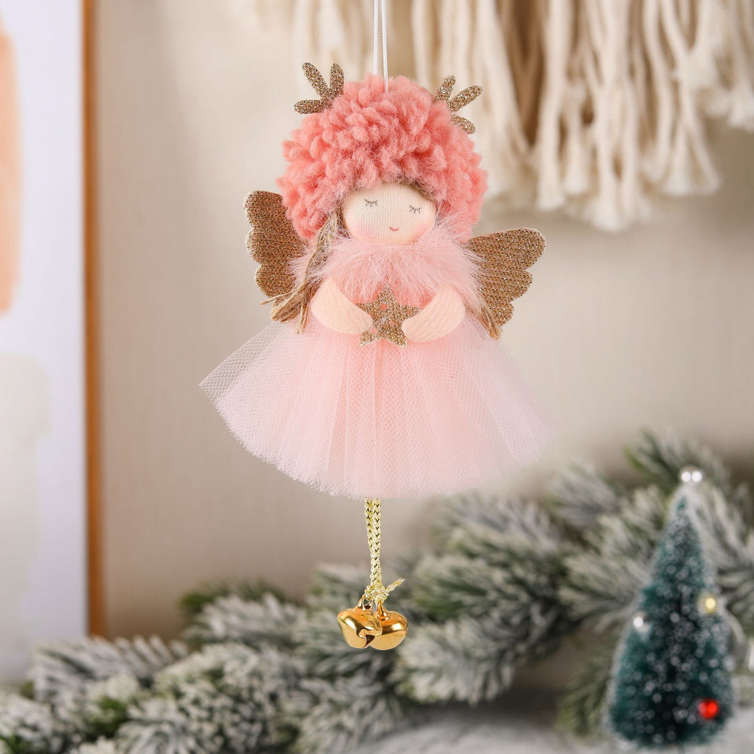 Gold and White Angel Ornament with Bells and Glitter Wings - Christmas Hanging Decoration 16*10*5cm Pink colour (5 piece