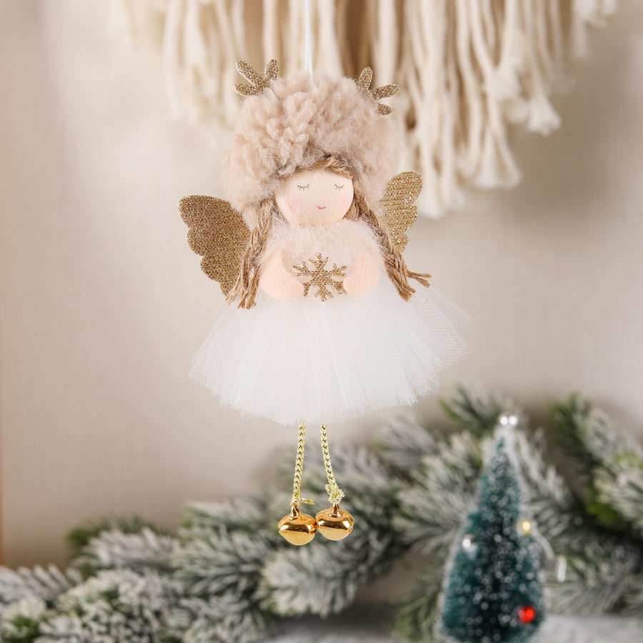 Gold and White Angel Ornament with Bells and Glitter Wings - Christmas Hanging Decoration 16*10*5cm Coffee colour (5 pie