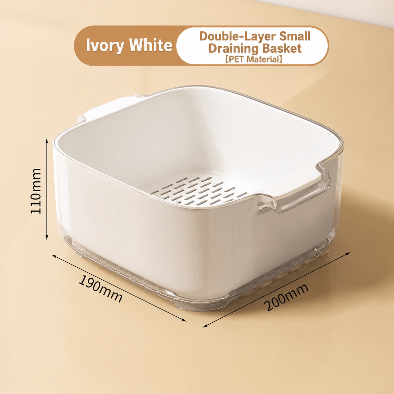 Two-Layer Drain Basket Colander - Medium Size 200mm x 190mm x 110mm (Ivory White, 2 set)