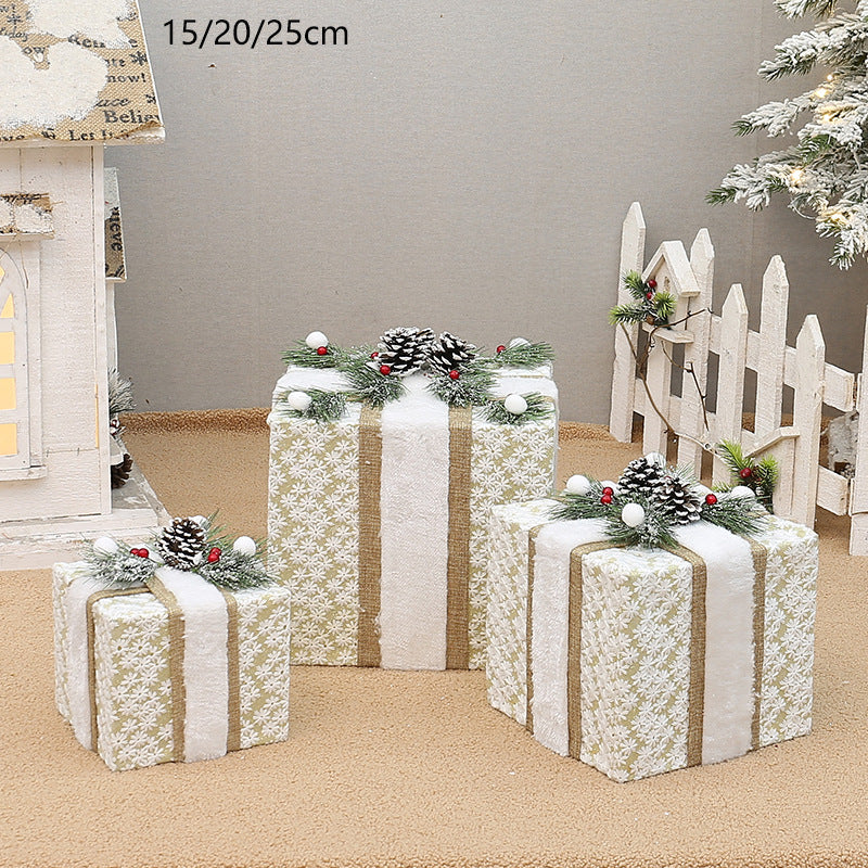 YH99032 Set of 3 Decorative Christmas Gift Boxes with Pine Cones & Berries,without lights - Holiday Decor for Indoor Dis