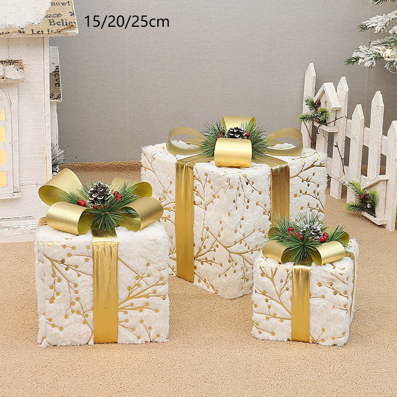 Set of 3 Elegant Christmas Gift Boxes with Gold Ribbon & Pine Accents,without lights - Perfect Indoor Holiday Decoration