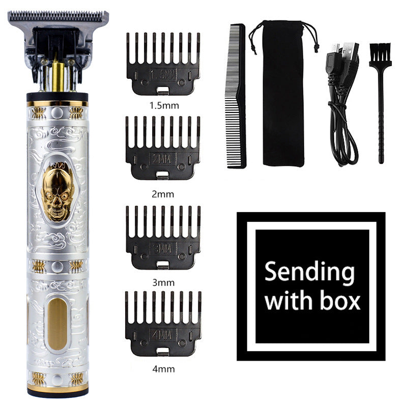 Vintage Skull Design Cordless Hair Trimmer - Professional Grooming Kit with Adjustable Guards, USB Charging, and Accesso
