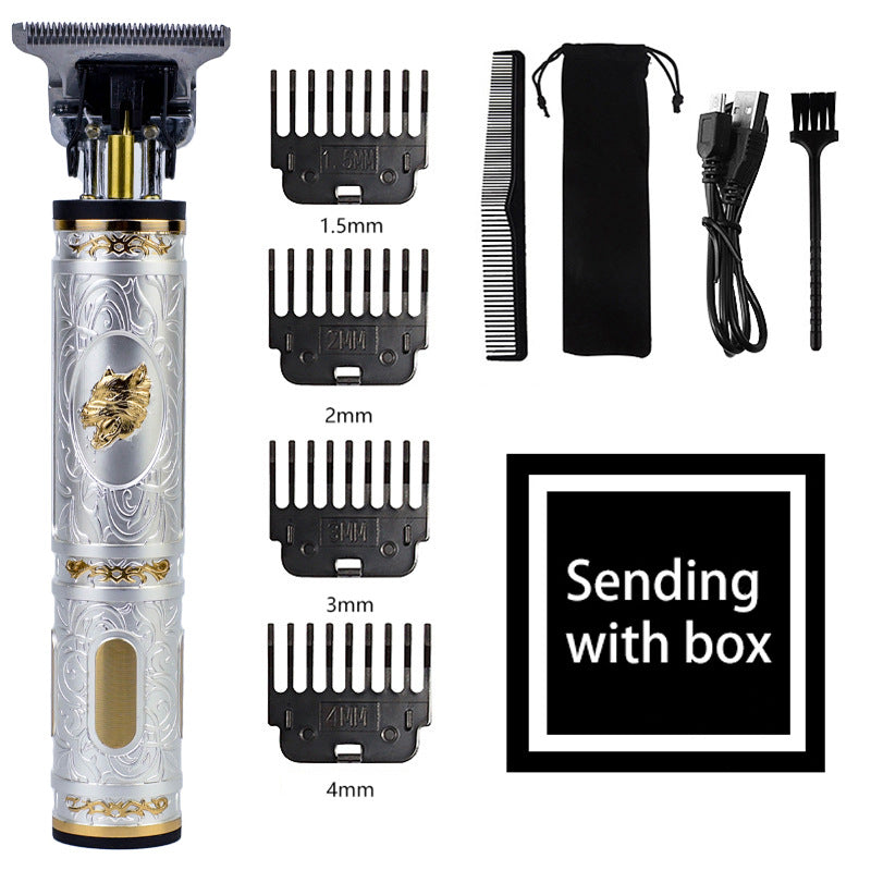 Wolf Emblem Vintage Cordless Hair Trimmer - Professional Grooming Kit with Adjustable Guards, USB Charging, and Accessor