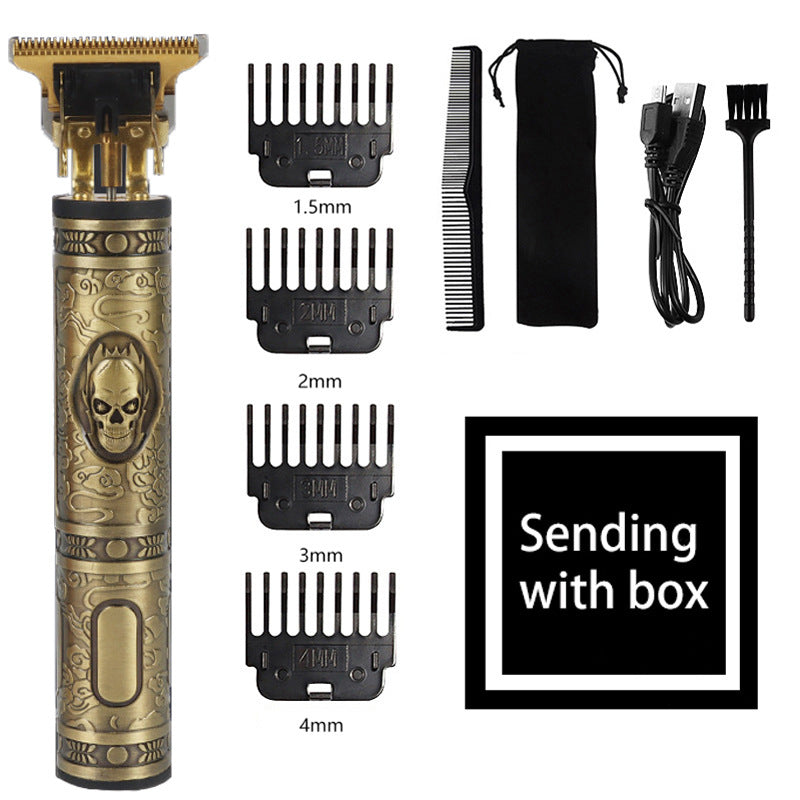 Vintage Skull Design Cordless Hair Trimmer (Gold)- Professional Grooming Kit with Adjustable Guards, USB Charging, and A