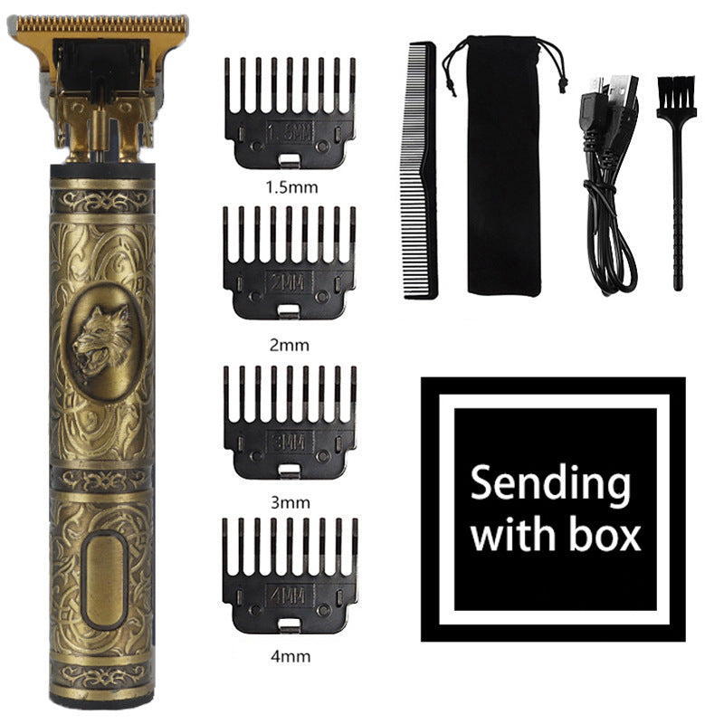 Wolf Emblem Vintage Cordless Hair Trimmer (Gold)- Professional Grooming Kit with Adjustable Guards, USB Charging, and Ac