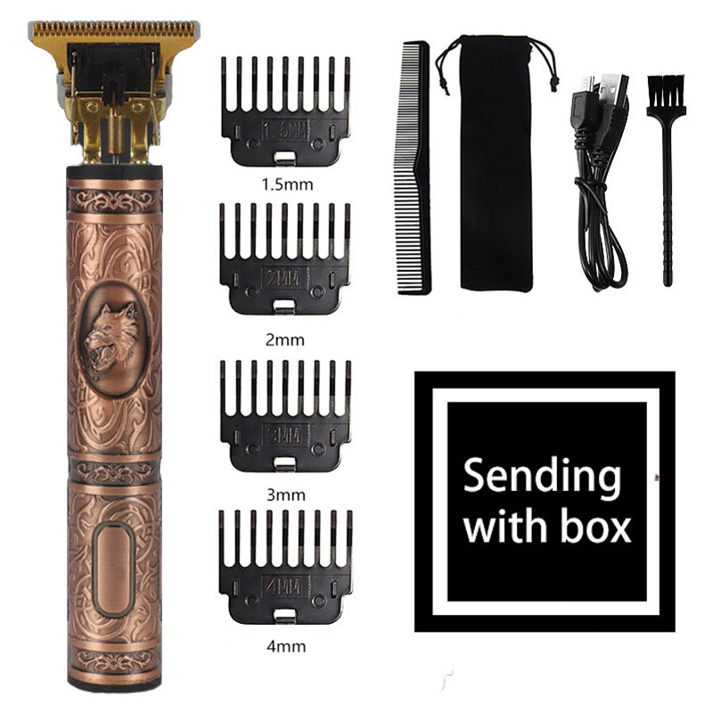 Wolf Emblem Vintage Cordless Hair Trimmer (Red) - Professional Grooming Kit with Adjustable Guards, USB Charging, and Ac