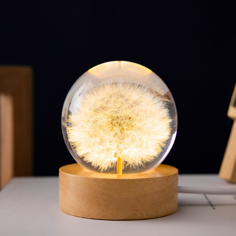 Luminous 3D Dandelion Crystal Ball Beech Wood Stand Base Preserved Flower Sphere Ball Desktop Ornaments Bithday Christma