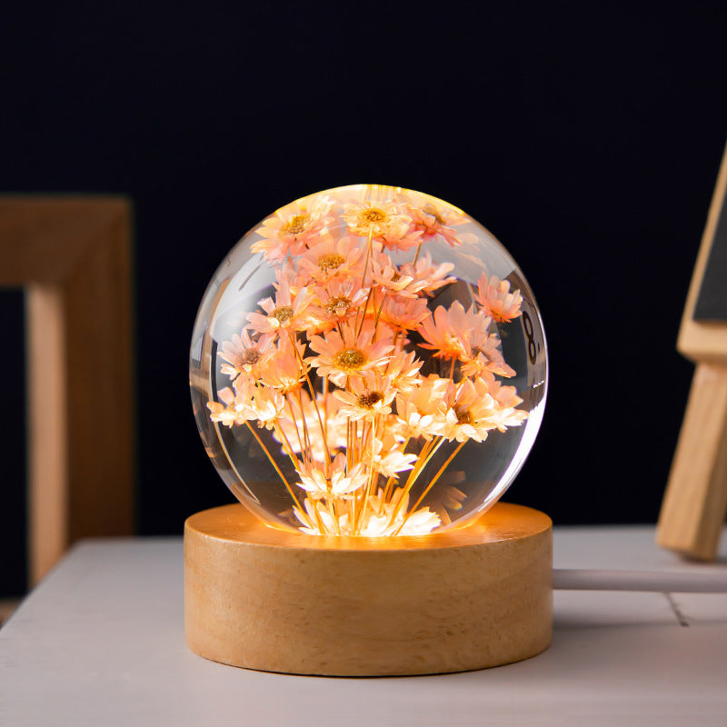 Luminous 3D Dandelion Crystal Ball Beech Wood Stand Base Preserved Flower Sphere Ball Desktop Ornaments Bithday Christma