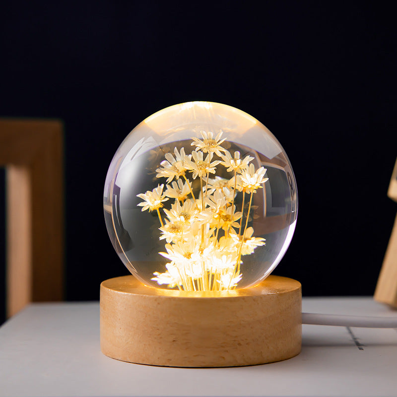 Luminous 3D Dandelion Crystal Ball Beech Wood Stand Base Preserved Flower Sphere Ball Desktop Ornaments Bithday Christma