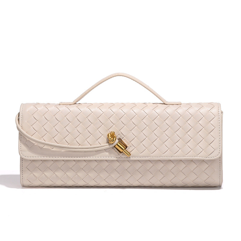 Beige Luxury Woven PU Leather Clutch - Elegant Women's Evening Baguette Bag with Adjustable Shoulder Strap