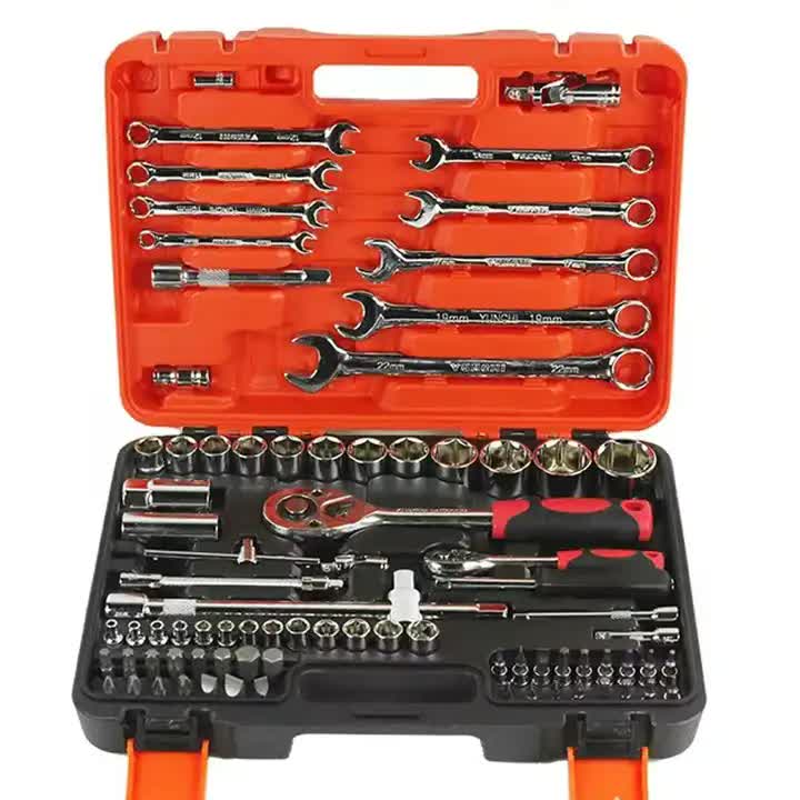 82-Piece Professional Automotive Repair Tool Set - 1/2 & 1/4 Drive Ratchets, Sockets, and Wrenches for Engine, Tire, and