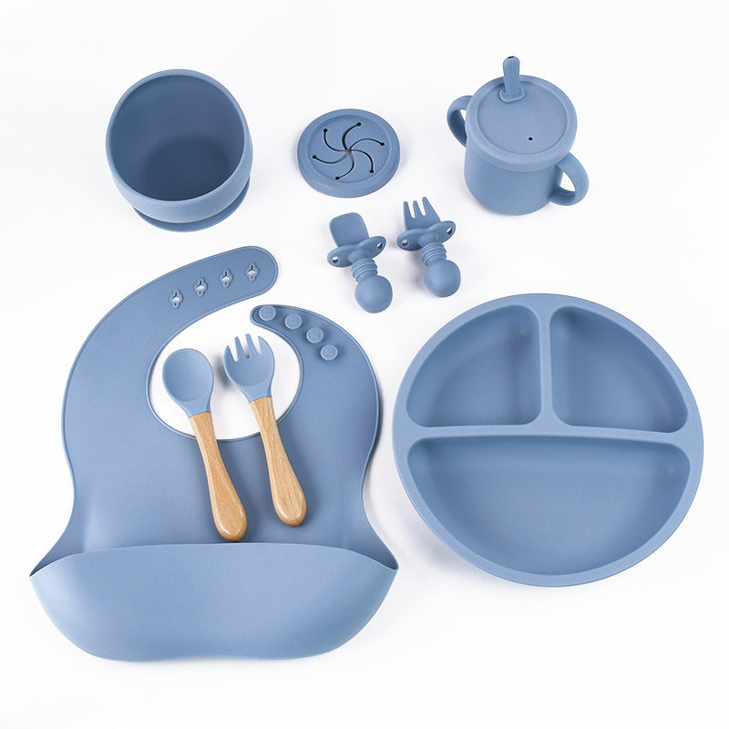 Blue 8-Piece Silicone Children's Tableware Set - BPA-Free Baby Feeding Utensils with Wooden Fork and Spoon, Cup, Bowl, a
